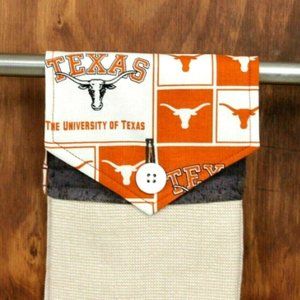 UNIVERSITY OF TEXAS PRINT ORANGE, GRAY & WHITE  HANDMADE HANGING KITCHEN TOWEL